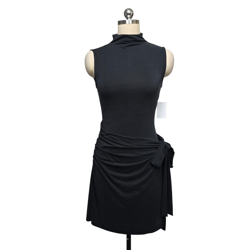 Good American Black Mock Neck Sleeveless Ruched Tie Front Mini‎ Dress Size Small